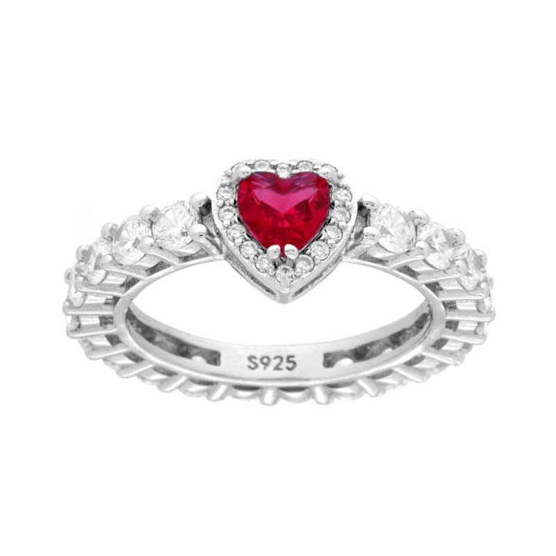 ANELLO ETERNITY VERETTA A GIRO CON CUBIC ZIRCONIA BIANCHI CON CUORE ROSSO RUBINO IN ARGENTO 925 GALVANICA RODIO