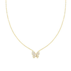 COLLANA CATENA FORZATINA CON FARFALLA E CUBIC ZIRCONIA BIANCHI IN ACCIAIO E OTTONE COLORE ORO