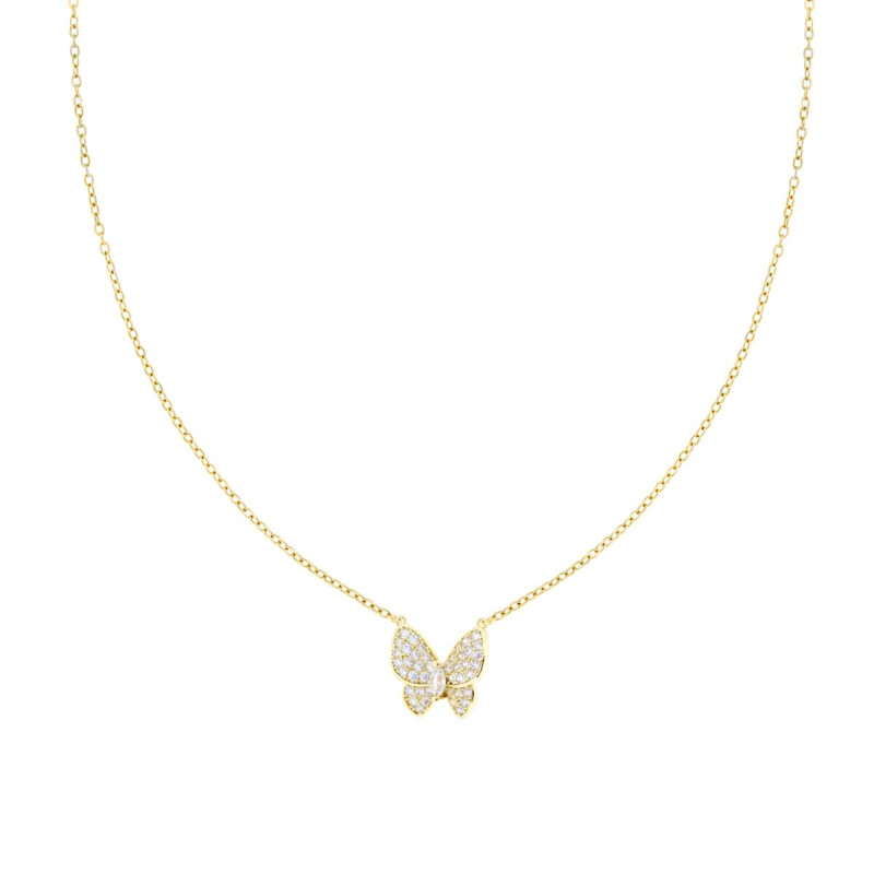 COLLANA CATENA FORZATINA CON FARFALLA E CUBIC ZIRCONIA BIANCHI IN ACCIAIO E OTTONE COLORE ORO