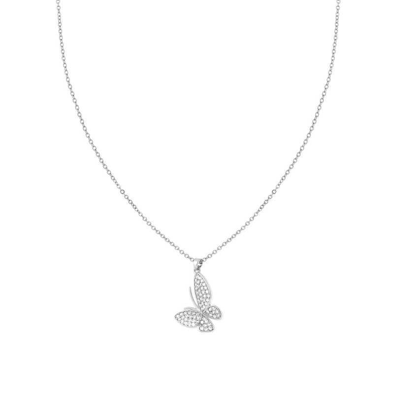 COLLANA CATENA FORZATINA CON FARFALLA E CUBIC ZIRCONIA BIANCHI IN ACCIAIO E OTTONE