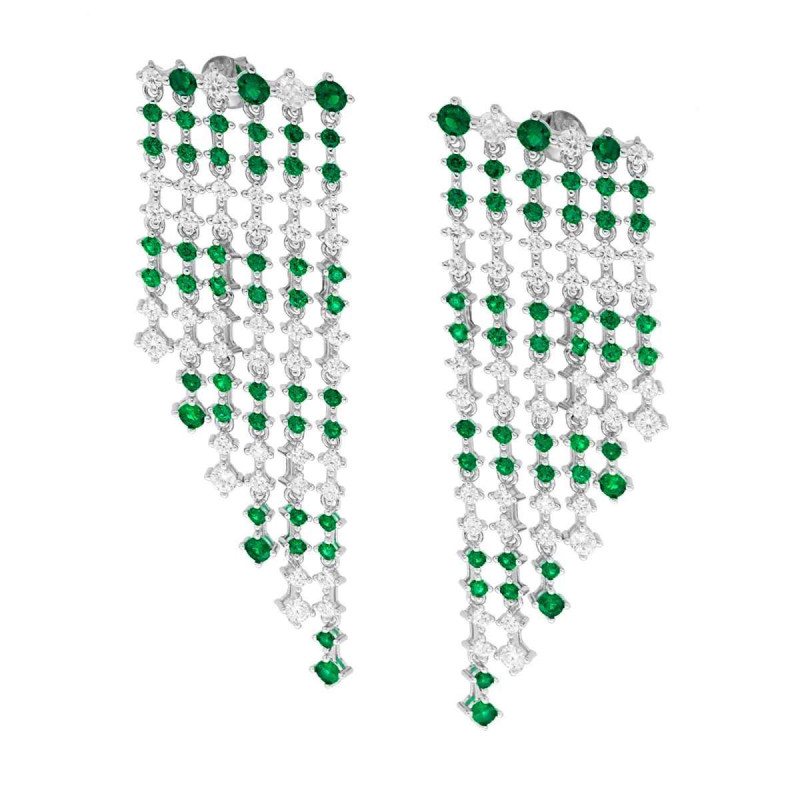 ORECCHINI CHANDELIER SEI FILI DEGRADE TENNIS CON CUBIC ZIRCONIA VERDE SMERALDO E BIANCHI ALTERNATI IN ARGENTO 925 GALVANICA RODI