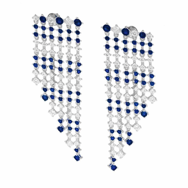 ORECCHINI CHANDELIER SEI FILI DEGRADE TENNIS CON CUBIC ZIRCONIA BLU ZAFFIRO E BIANCHI ALTERNATI IN ARGENTO 925 GALVANICA RODIO