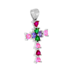 CIONDOLO CROCE CON CUBIC ZIRCONIA MULTICOLOR IN ARGENTO 925 GALVANICA RODIO
