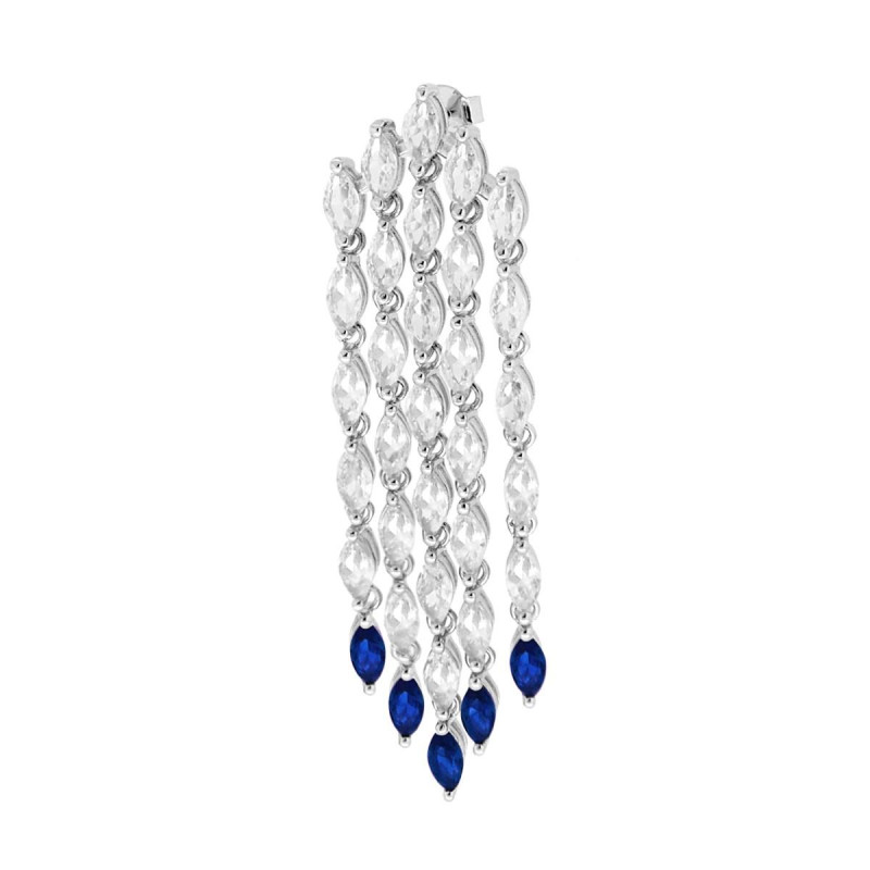 ORECCHINO LUNGO CHANDELIER CINQUE FILI TENNIS CON CUBIC ZIRCONIA BIANCHI E BLU ZAFFIRO MARQUISE IN ARGENTO 925 GALVANICA RODIO