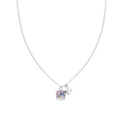 COLLANA CATENA FORZATINA DIAMANTATA CON CAMPANELLA CON CUBIC ZIRCONIA MULTICOLOR E QUADRIFOGLIO IN ARGENTO 925 GALVANICA RODIO