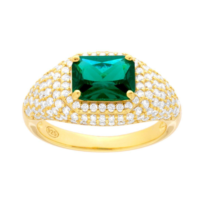 ANELLO CHEVALIER SIGILLO RETTANGOLO VERDE SMERALKDO CON CUBIC ZIRCONIA BIANCHI IN ARGENTO 925 GALVANICA ORO