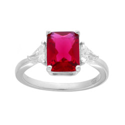 ANELLO SOLITARIO RETTANGOLO ROSSO RUBINO CON TRIANGOLI CUBIC ZIRCONIA BIANCHI IN ARGENTO 925 GALVANICA RODIO