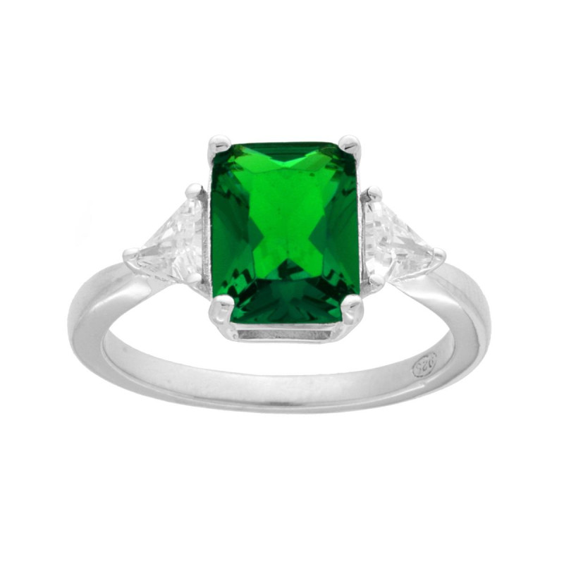 ANELLO SOLITARIO RETTANGOLO VERDE SMERALDO CON TRIANGOLI CUBIC ZIRCONIA BIANCHI IN ARGENTO 925 GALVANICA RODIO