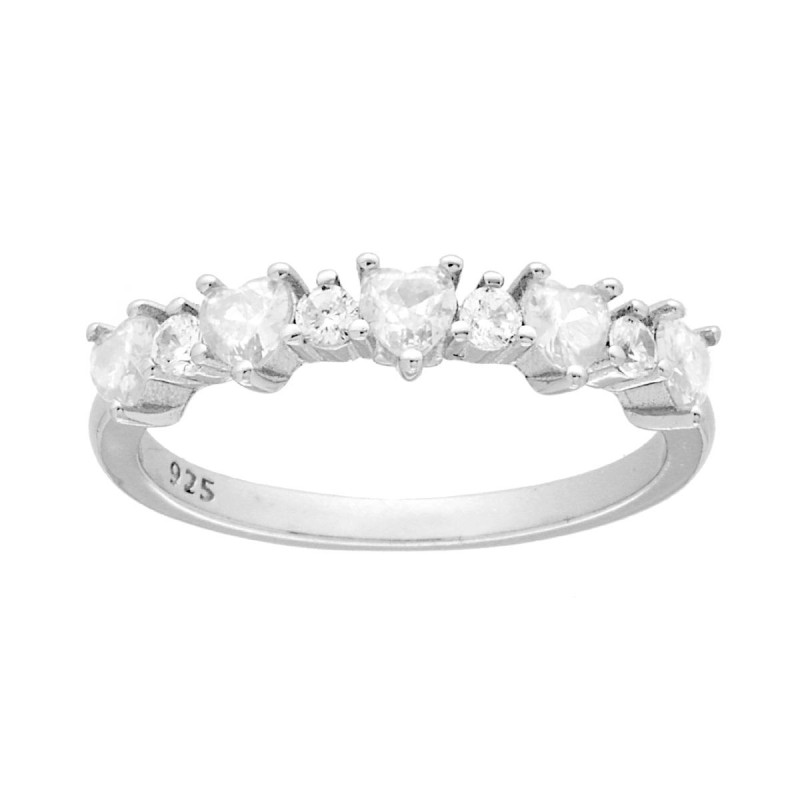 ANELLO VERETTA CUORI ALTERNATI TONDI CUBIC ZIRCONIA BIANCHI IN ARGENTO 925 GALVANICA RODIO
