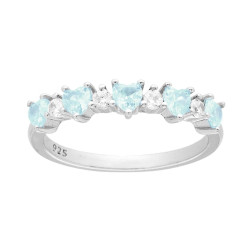 ANELLO VERETTA CUORI CUBIC ZIRCONIA ACQUAMARINA ALTERNATI A TONDI BIANCHI IN ARGENTO 925 GALVANICA RODIO