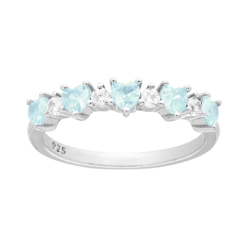 ANELLO VERETTA CUORI CUBIC ZIRCONIA ACQUAMARINA ALTERNATI A TONDI BIANCHI IN ARGENTO 925 GALVANICA RODIO