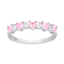ANELLO VERETTA CUORI CUBIC ZIRCONIA ROSA ALTERNATI A TONDI BIANCHI IN ARGENTO 925 GALVANICA RODIO