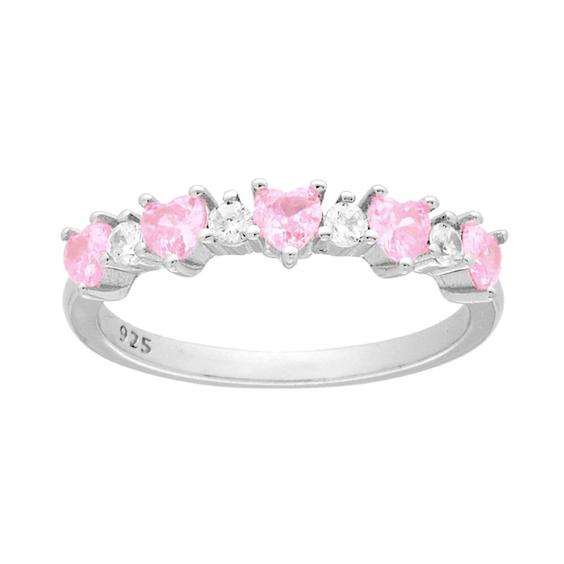 ANELLO VERETTA CUORI CUBIC ZIRCONIA ROSA ALTERNATI A TONDI BIANCHI IN ARGENTO 925 GALVANICA RODIO