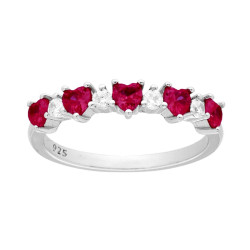 ANELLO VERETTA CUORI CUBIC ZIRCONIA ROSSO RUBINO ALTERNATI A TONDI BIANCHI IN ARGENTO 925 GALVANICA RODIO