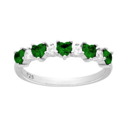 ANELLO VERETTA CUORI CUBIC ZIRCONIA VERDE SMERALDO ALTERNATI A TONDI BIANCHI IN ARGENTO 925 GALVANICA RODIO