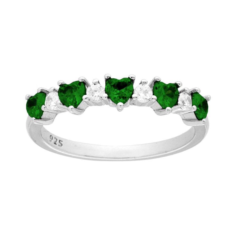 ANELLO VERETTA CUORI CUBIC ZIRCONIA VERDE SMERALDO ALTERNATI A TONDI BIANCHI IN ARGENTO 925 GALVANICA RODIO