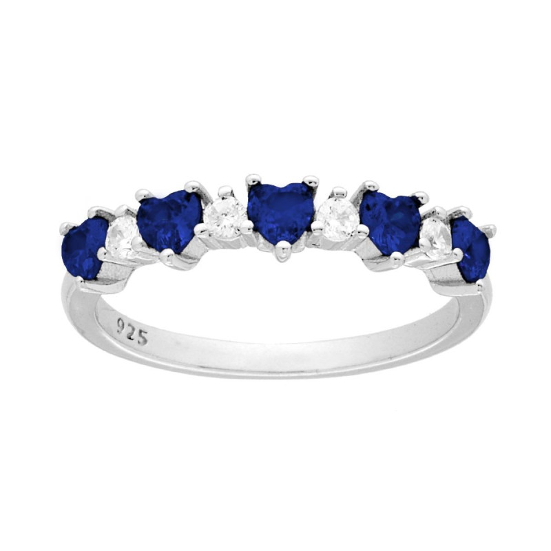 ANELLO VERETTA CUORI CUBIC ZIRCONIA BLU ZAFFIRO ALTERNATI A TONDI BIANCHI IN ARGENTO 925 GALVANICA RODIO