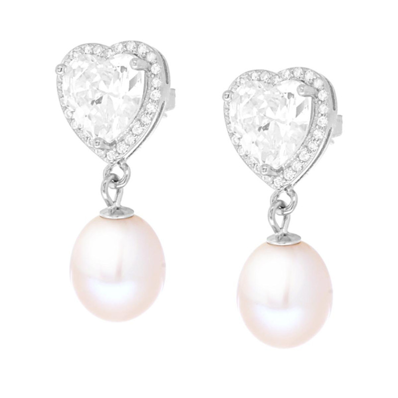 ORECCHINI CUORE BIANCO CONTORNATO DA CUBIC ZIRCONIA BIANCHI E PERLA DI FIUME PENDENTE IN ARGENTO 925 GALVANICA RODIO