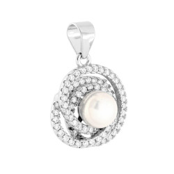 CIONDOLO CON PERLA DI FIUME E VORTICE DI CUBIC ZIRCONIA BIANCHI IN ARGENTO 925 GALVANICA RODIO