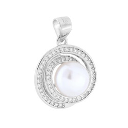 CIONDOLO CON PERLA DI FIUME E VORTICE DI CUBIC ZIRCONIA BIANCHI IN ARGENTO 925 GALVANICA RODIO