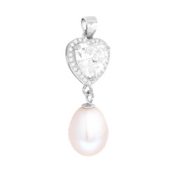 CIONDOLO CUORE BIANCO CONTORNATO DA CUBIC ZIRCONIA BIANCHI E PERLA DI FIUME PENDENTE IN ARGENTO 925 GALVANICA RODIO