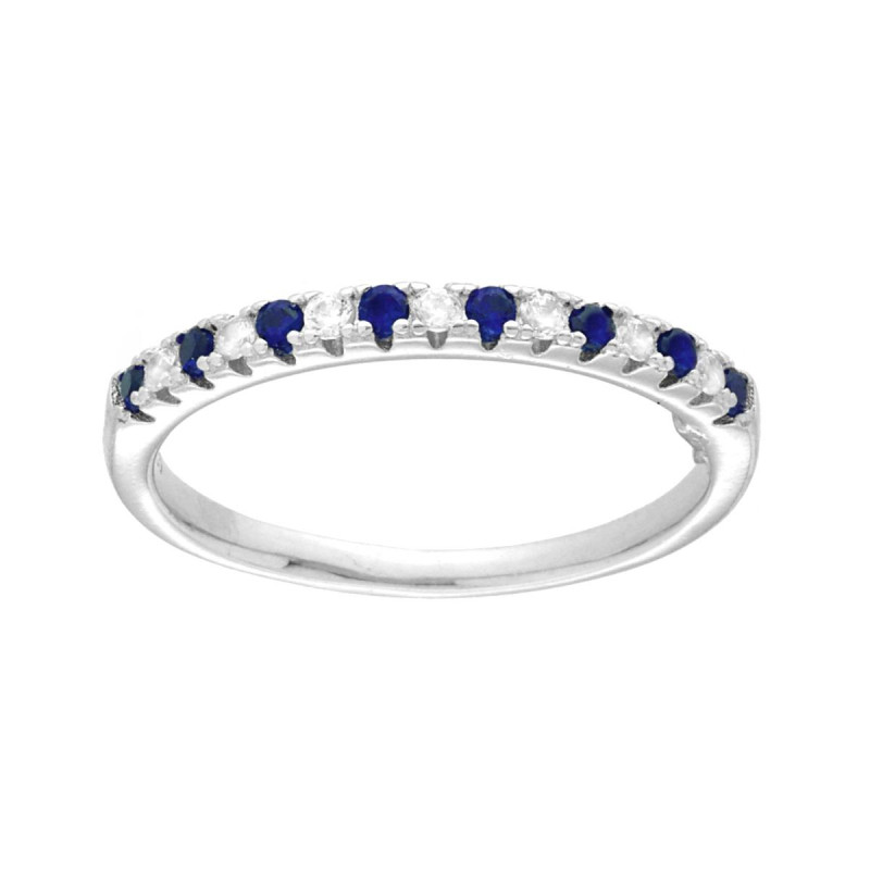 ANELLO VERETTA CON CUBIC ZIRCONIA ALTERNATI BLU ZAFFIRO E BIANCHI IN ARGENTO 925 GALVANICA RODIO