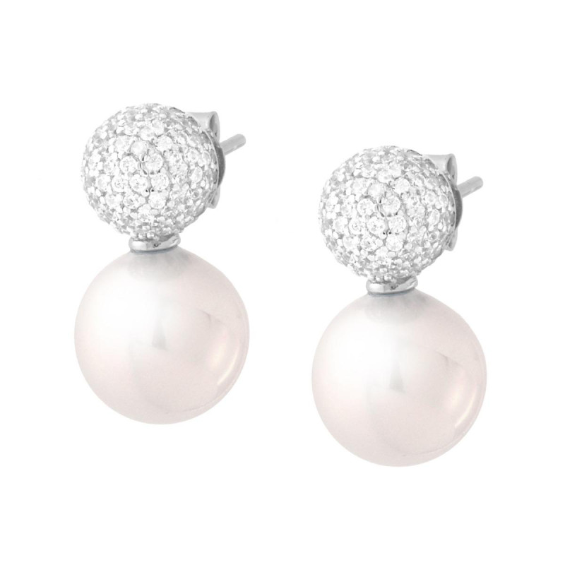 ORECCHINI PERLA CON SEMISFERA CON CUBIC ZIRCONIA BIANCHI IN ARGENTO 925 GALVANICA RODIO