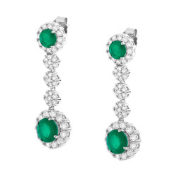 ORECCHINI CON TONDI PENDENTI CON PIETRE NATURALI VERDE SMERALDO CONTORNATE DA CUBIC ZIRCONIA BIANCHI IN ARGENTO 925 GALVANICA RO