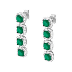 ORECCHINI QUADRATI PENDENTI CON PIETRE NATURALI VERDE SMERALDO CONTORNATE DA CUBIC ZIRCONIA BIANCHI IN ARGENTO 925 GALVANICA ROD