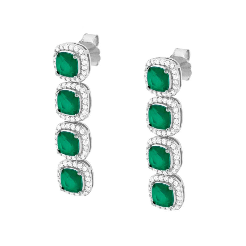 ORECCHINI QUADRATI PENDENTI CON PIETRE NATURALI VERDE SMERALDO CONTORNATE DA CUBIC ZIRCONIA BIANCHI IN ARGENTO 925 GALVANICA ROD