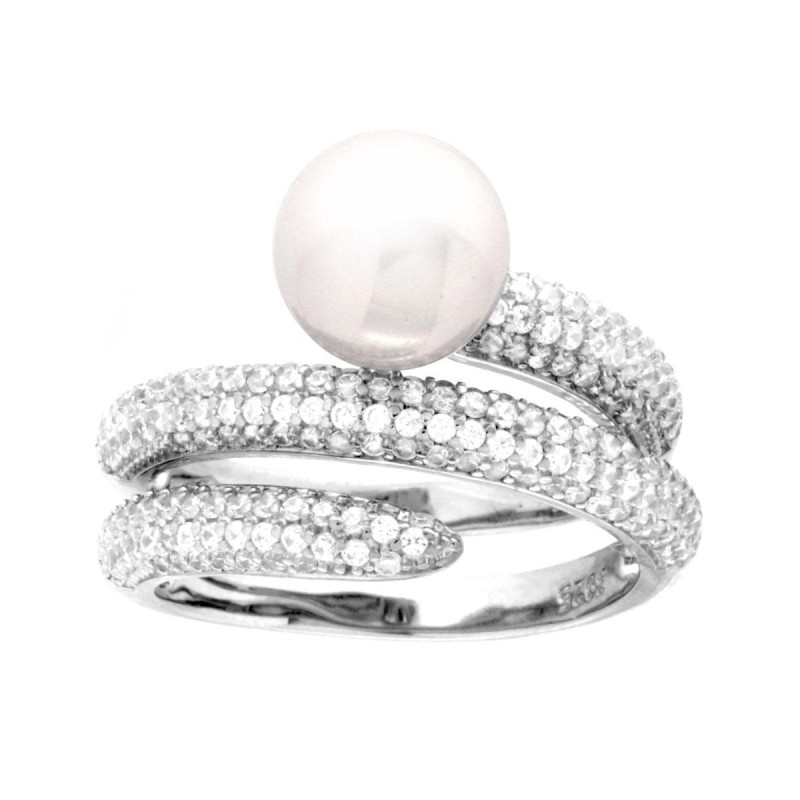 ANELLO FASCIA DOPPIO GIRO CON PERLA NATURALE E CUBIC ZIRCONIA BIANCHI IN ARGENTO 925 GALVANICA RODIO