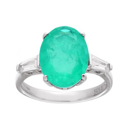 ANELLO SOLITARIO PIETRA NATURALE TORMALINA PARAIBA E CUBIC ZIRCONIA BIANCHI TRAPEZIO IN ARGENTO 925 GALVANICA RODIO