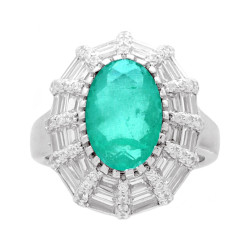 ANELLO OVALE PIETRA NATURALE TORMALINA PARAIBA E CUBIC ZIRCONIA BIANCHI BAGUETTE IN ARGENTO 925 GALVANICA RODIO