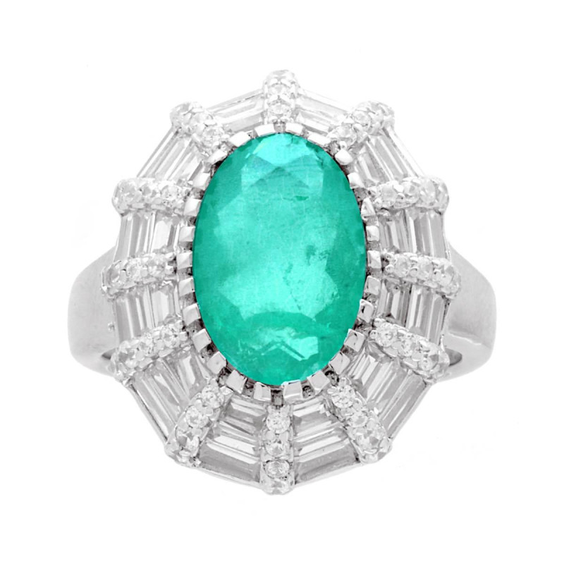 ANELLO OVALE PIETRA NATURALE TORMALINA PARAIBA E CUBIC ZIRCONIA BIANCHI BAGUETTE IN ARGENTO 925 GALVANICA RODIO