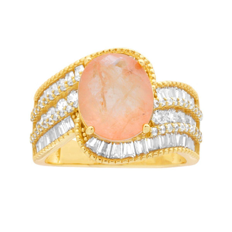 ANELLO FASCIA CON PIETRA NATURALE ROSA CIPRIA E CUBIC ZIRCONIA BIANCHI IN ARGENTO 925 GALVANICA ORO