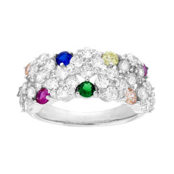 ANELLO VERETTA FASCIA CON FIORI CUBIC ZIRCONIA BIANCHI E MULTICOLOR IN ARGENTO 925 GALVANICA RODIO