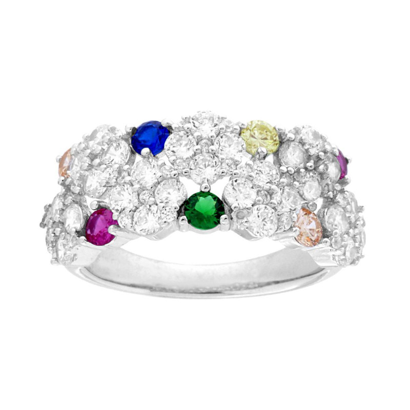 ANELLO VERETTA FASCIA CON FIORI CUBIC ZIRCONIA BIANCHI E MULTICOLOR IN ARGENTO 925 GALVANICA RODIO