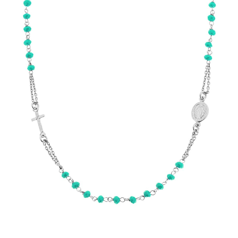 COLLANA ROSARIO MODELLO GIROCOLLO CM 50 CON GRANI MM 3.5 CRYSTAL VERDE BOREALE IN ARGENTO 925 GALVANICA RODIO