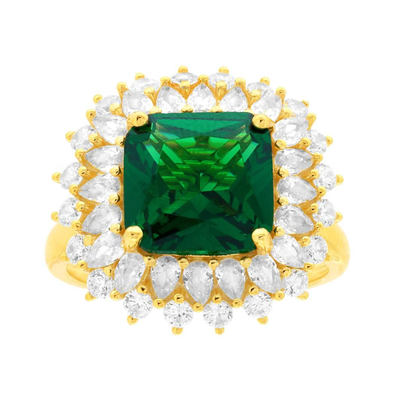 ANELLO SOLITARIO QUADRATO VERDE SMERALDO CONTORNATO CON CUBIC ZIRCONIA BIANCHI IN ARGENTO 925 GALVANICA ORO
