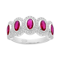 ANELLO VERETTA CON OVALI ROSSO RUBINO CONTORNATI CON CUBIC ZIRCONIA BIANCHI IN ARGENTO 925 GALVANICA RODIO