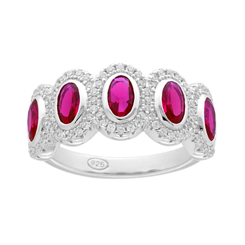 ANELLO VERETTA CON OVALI ROSSO RUBINO CONTORNATI CON CUBIC ZIRCONIA BIANCHI IN ARGENTO 925 GALVANICA RODIO