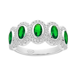 ANELLO VERETTA CON OVALI VERDE SMERALDO CONTORNATI CON CUBIC ZIRCONIA BIANCHI IN ARGENTO 925 GALVANICA RODIO