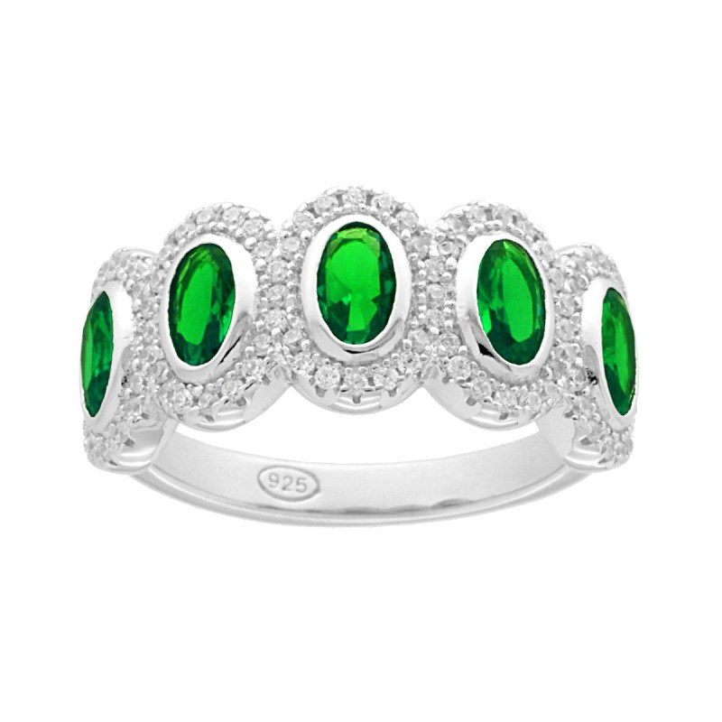 ANELLO VERETTA CON OVALI VERDE SMERALDO CONTORNATI CON CUBIC ZIRCONIA BIANCHI IN ARGENTO 925 GALVANICA RODIO