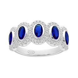 ANELLO VERETTA CON OVALI BLU ZAFFIRO CONTORNATI CON CUBIC ZIRCONIA BIANCHI IN ARGENTO 925 GALVANICA RODIO