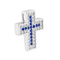 CIONDOLO CROCE CON CUBIC ZIRCONIA BLU ZAFFIRO E BIANCHI IN ARGENTO 925 GALVANICA RODIO