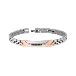 BRACCIALE UOMO MAGLIA IMPERNIATA CON TARGA ROSA E CRYSTAL NERI IN ACCIAIO