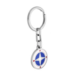 PORTACHIAVI UOMO AD ANELLO CON PIASTRA TONDA E ROSA DEI VENTI SMALTO BLU BIANCO E ROSSO IN ACCIAIO