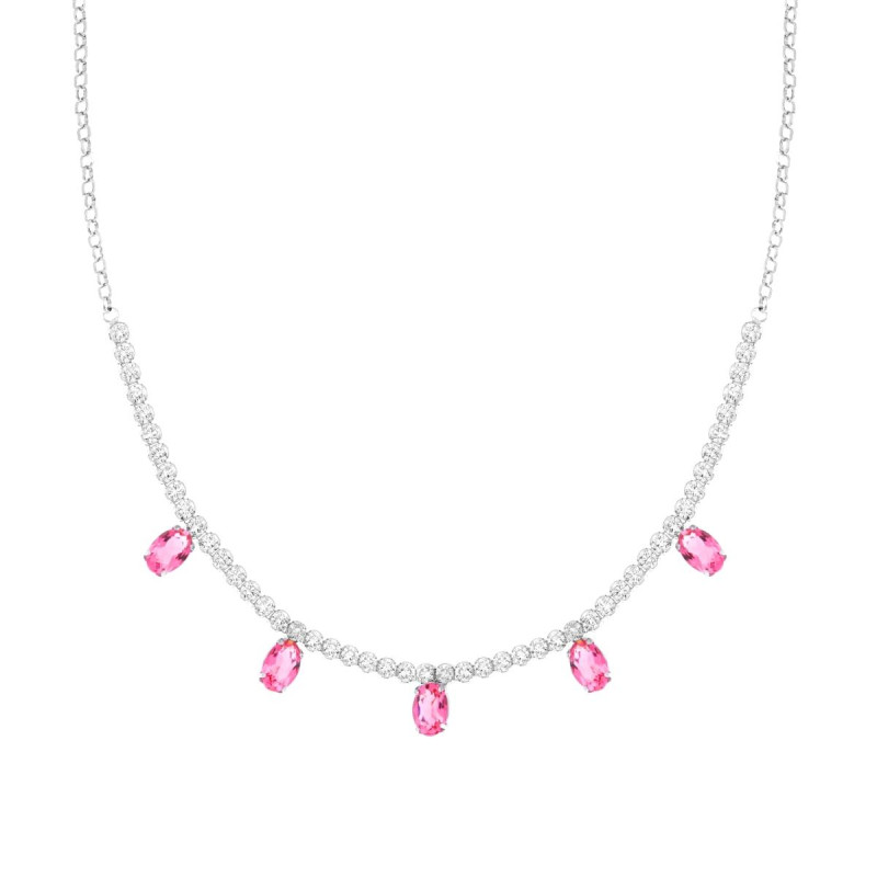 COLLANA CATENA ROLO DIAMANTATA CON CENTRALE TENNIS CUBIC ZIRCONIA E OVALI ROSA PENDENTI IN ARGENTO 925 GALVANICA RODIO