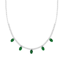 COLLANA CATENA ROLO DIAMANTATA CON CENTRALE TENNIS CUBIC ZIRCONIA E OVALI VERDE SMERALDO PENDENTI IN ARGENTO 925 GALVANICA RODIO