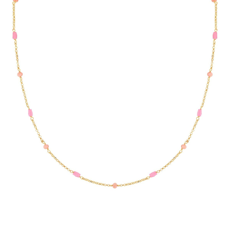 COLLANA CATENA ROLO DIAMANTATA CON CRYSTAL ROSA IN ARGENTO 925 GALVANICA ORO